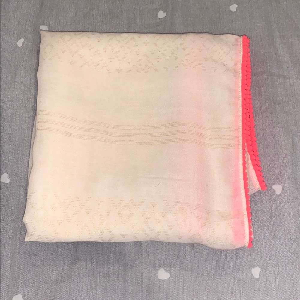 Hollister Sheer Cream & Neon Pink Trim Scarf – Lightweight & Soft